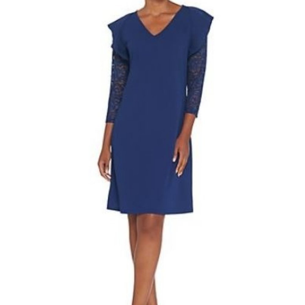 Du Jour Lace Sleeve Knit Dress with Ruffle Detail